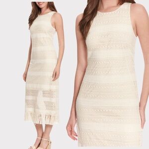 London Times Crochet Midi Dress Fringe Hem Sleeveless Natural Cream White 10